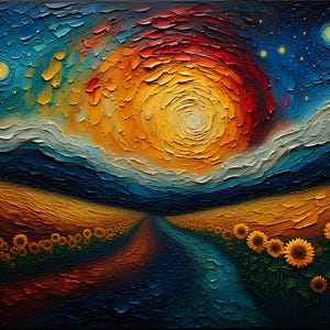 Op de afbeelding: Olieverfschilderij van een levendig landschap met een wervelende, getextureerde zon in tinten geel, oranje en rood. Een pad leidt door velden met zonnebloemen, onder een blauwe hemel met sterren en maanachtige bollen.