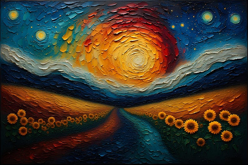 Op de afbeelding: Olieverfschilderij van een levendig landschap met een wervelende, getextureerde zon in tinten geel, oranje en rood. Een pad leidt door velden met zonnebloemen, onder een blauwe hemel met sterren en maanachtige bollen.