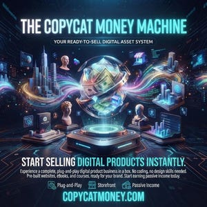 Puede incluir: Un gr&aacute;fico digital titulado THE COPYCAT MONEY MACHINE que presenta una esfera central brillante llena de moneda, rodeada de paisajes urbanos en miniatura, bustos y gr&aacute;ficos de datos sobre un fondo tecnol&oacute;gico oscuro con la URL COPYCATMONEY.COM.