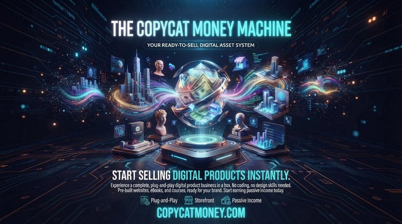 Puede incluir: Un gr&aacute;fico digital titulado THE COPYCAT MONEY MACHINE que presenta una esfera central brillante llena de moneda, rodeada de paisajes urbanos en miniatura, bustos y gr&aacute;ficos de datos sobre un fondo tecnol&oacute;gico oscuro con la URL COPYCATMONEY.COM.