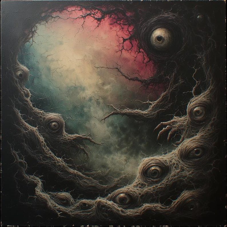 May include: Square artwork featuring a surreal, dark fantasy scene. A central, oval-shaped void is surrounded by gnarled, textured, dark brown forms with multiple, open eyes. The background shows a cloudy sky with hues of red, blue, and green.