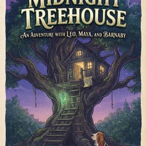 Puede incluir: Una portada de libro titulada The Mystery of the Midnight Treehouse: An Adventure with Leo, Maya, and Barnaby por Philip Wray. La ilustraci&oacute;n muestra una casa del &aacute;rbol en un &aacute;rbol grande de noche, una llave verde brillante y un perro basset.