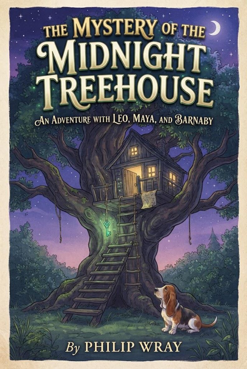 Puede incluir: Una portada de libro titulada The Mystery of the Midnight Treehouse: An Adventure with Leo, Maya, and Barnaby por Philip Wray. La ilustraci&oacute;n muestra una casa del &aacute;rbol en un &aacute;rbol grande de noche, una llave verde brillante y un perro basset.