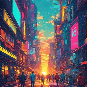 May include: An artistic depiction of a city street at sunset. Tall buildings line the street, with neon signs and lights. Silhouettes of people walk on the crosswalk. The sky is a gradient of orange, yellow, and blue.