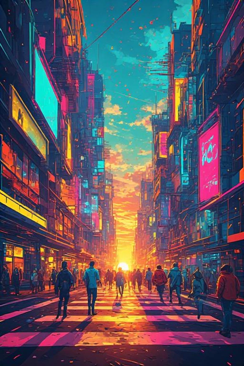 May include: An artistic depiction of a city street at sunset. Tall buildings line the street, with neon signs and lights. Silhouettes of people walk on the crosswalk. The sky is a gradient of orange, yellow, and blue.