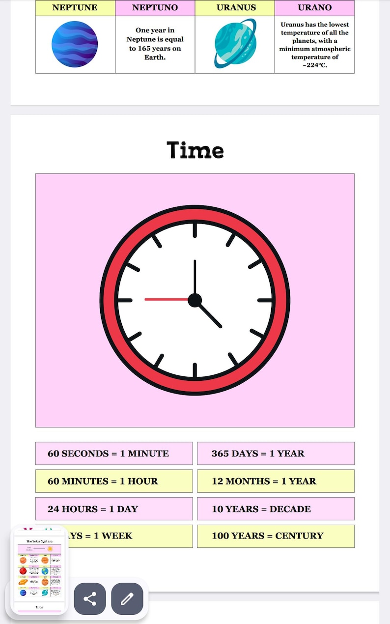 May include: A red clock face with black hands and a white background. The clock is surrounded by a pink background. The text "Time" is written in black above the clock. Below the clock, there are several rows of text that show the conversion of time units, such as 60 seconds = 1 minute, 60 minutes = 1 hour, 24 hours = 1 day, 7 days = 1 week, 365 days = 1 year, 12 months = 1 year, 10 years = 1 decade, and 100 years = 1 century.
