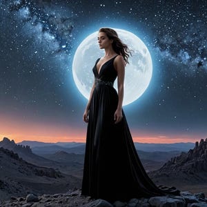 May include: A woman in a black gown stands in front of a large, bright moon in a starry night sky. The moon is surrounded by a halo of light. The woman is looking off to the side, and her hair is flowing in the wind. The background is a dark, rocky landscape.