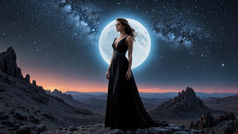 May include: A woman in a black gown stands in front of a large, bright moon in a starry night sky. The moon is surrounded by a halo of light. The woman is looking off to the side, and her hair is flowing in the wind. The background is a dark, rocky landscape.