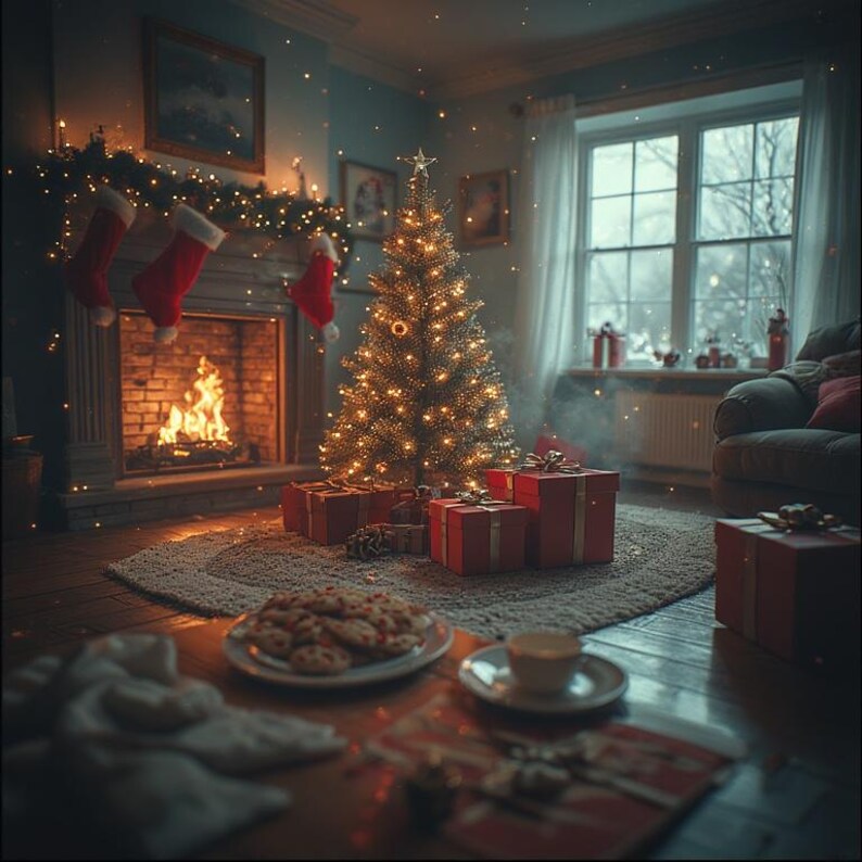 May include: A cozy Christmas scene with a lit tree, fireplace, and wrapped gifts. Red stockings hang above the fireplace, and a plate of cookies sits on a table. The room is decorated with lights, creating a warm, festive atmosphere.