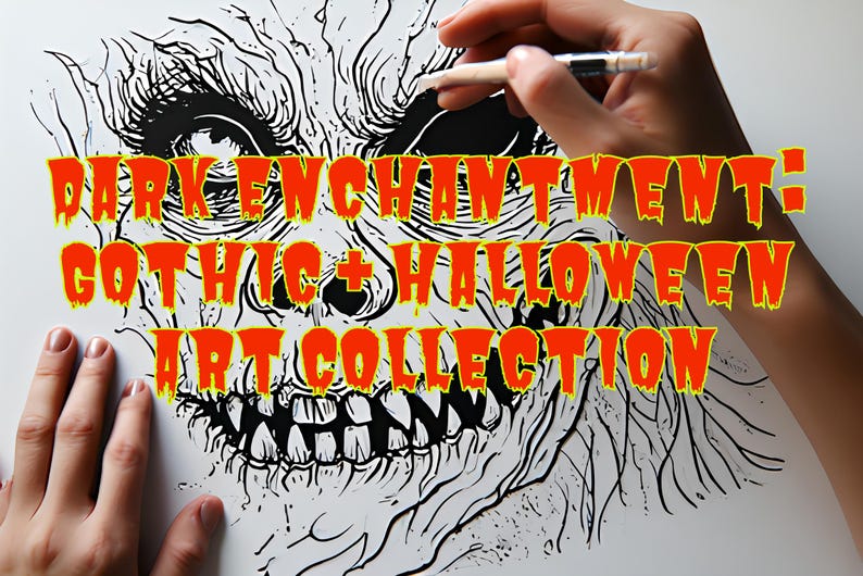 May include: A detailed black and white illustration of a monster face with sharp teeth. The image features the text "DARK ENCHANTMENT: GOTHIC + HALLOWEEN ART COLLECTION" in orange with a yellow outline. A hand is drawing on the artwork.