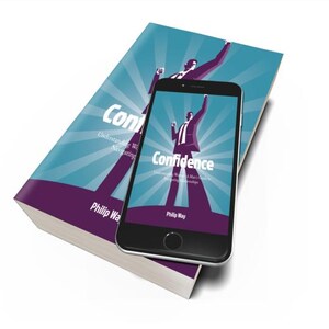 以下が含まれることがあります： 「Confidence」の文字が入った本とスマートフォン。本は紫色の背表紙と、腕を上げた人物のグラフィックが入った青色の表紙です。スマートフォンにも同じ画像が表示されています。