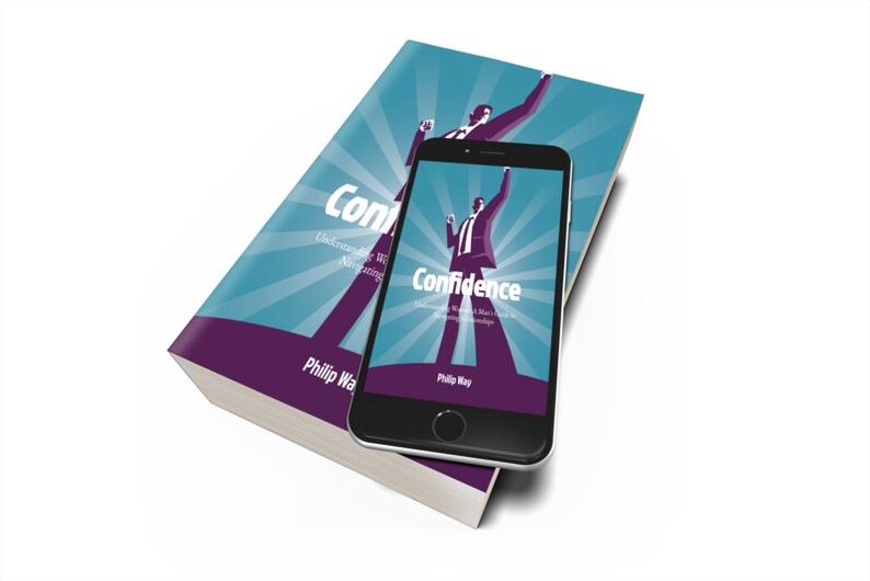 以下が含まれることがあります： 「Confidence」の文字が入った本とスマートフォン。本は紫色の背表紙と、腕を上げた人物のグラフィックが入った青色の表紙です。スマートフォンにも同じ画像が表示されています。