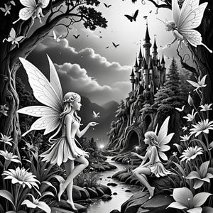 May include: Black and white illustration of a fairytale scene with two fairies, a castle, and a stream. One fairy is standing on a rock by the stream, holding a butterfly. The other fairy is sitting on a rock, looking at the first fairy. The castle is in the background, on a hill.