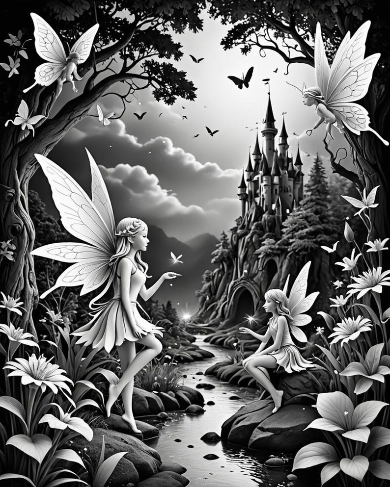 May include: Black and white illustration of a fairytale scene with two fairies, a castle, and a stream. One fairy is standing on a rock by the stream, holding a butterfly. The other fairy is sitting on a rock, looking at the first fairy. The castle is in the background, on a hill.