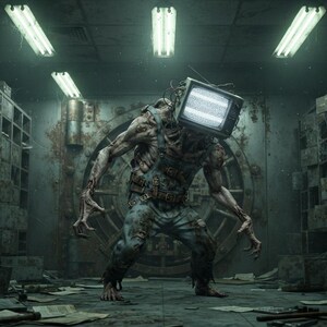 May include: A humanoid creature with a vintage television set for a head, displaying static on the screen. The figure has a weathered, muscular physique, wearing tattered blue denim overalls, standing in a dark, industrial room with metal lockers.