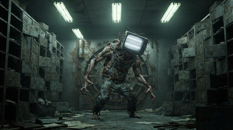 May include: A humanoid creature with a vintage television set for a head, displaying static on the screen. The figure has a weathered, muscular physique, wearing tattered blue denim overalls, standing in a dark, industrial room with metal lockers.