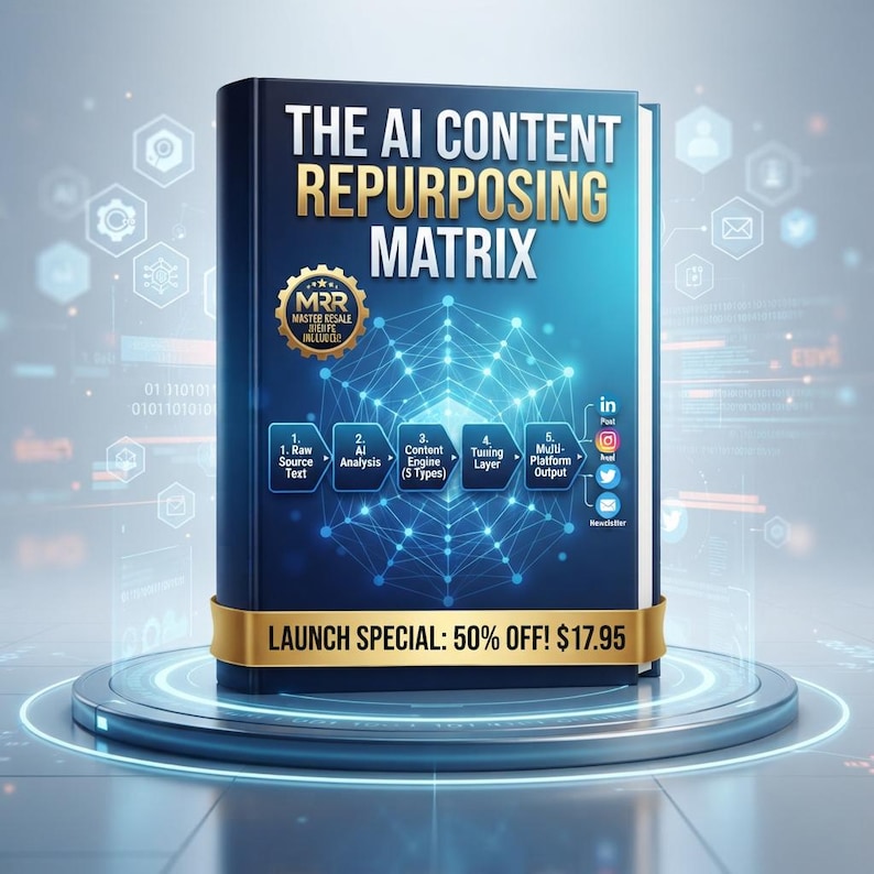 Puede incluir: Un libro azul oscuro titulado THE AI CONTENT REPURPOSING MATRIX con una insignia dorada MRR. La portada presenta un gr&aacute;fico de red azul brillante, un proceso de cinco pasos, iconos de redes sociales y una banda dorada LAUNCH SPECIAL: 50% OFF! $17.95.