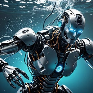 K&ouml;nnte beinhalten: Ein silberner Roboter mit blau leuchtenden Augen und Dr&auml;hten ist in Wasser getaucht. Der Roboter hat einen metallischen K&ouml;rper mit sichtbaren Gelenken und Zahnr&auml;dern.