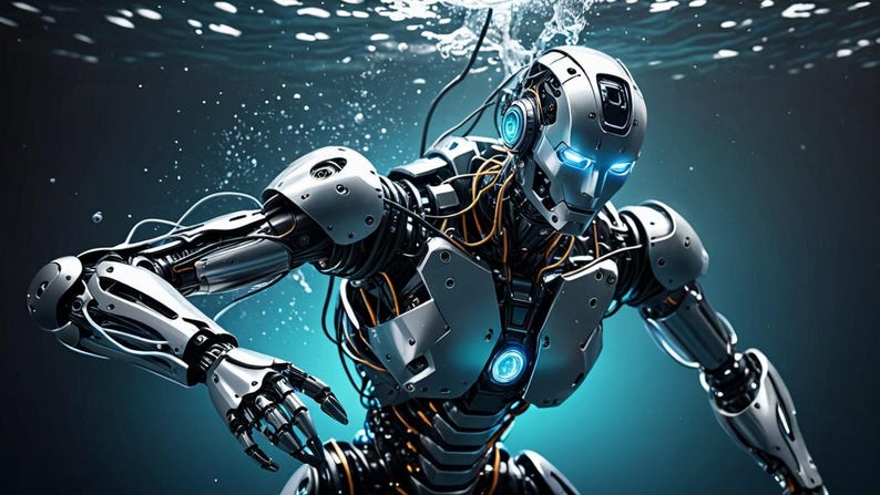 K&ouml;nnte beinhalten: Ein silberner Roboter mit blau leuchtenden Augen und Dr&auml;hten ist in Wasser getaucht. Der Roboter hat einen metallischen K&ouml;rper mit sichtbaren Gelenken und Zahnr&auml;dern.