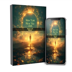 Może przedstawiać: Książka i smartfon wyświetlają ten sam obraz. Obraz przedstawia osobę na ścieżce, z tekstem "NEW YEAR NEW YOU 2026 Whole-Life Reboot" i świecącym okrągłym wzorem. Tło to zach&oacute;d słońca ze złotą poświatą.