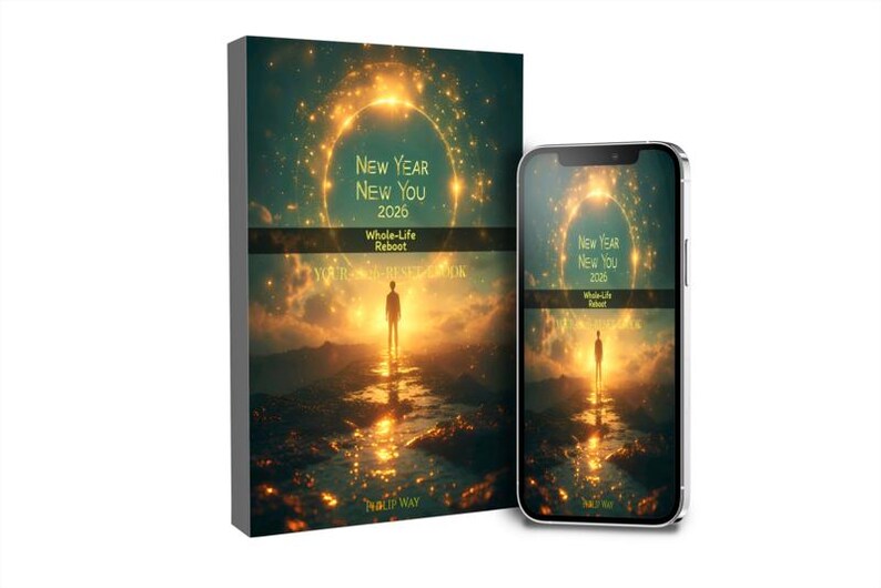 Może przedstawiać: Książka i smartfon wyświetlają ten sam obraz. Obraz przedstawia osobę na ścieżce, z tekstem "NEW YEAR NEW YOU 2026 Whole-Life Reboot" i świecącym okrągłym wzorem. Tło to zach&oacute;d słońca ze złotą poświatą.