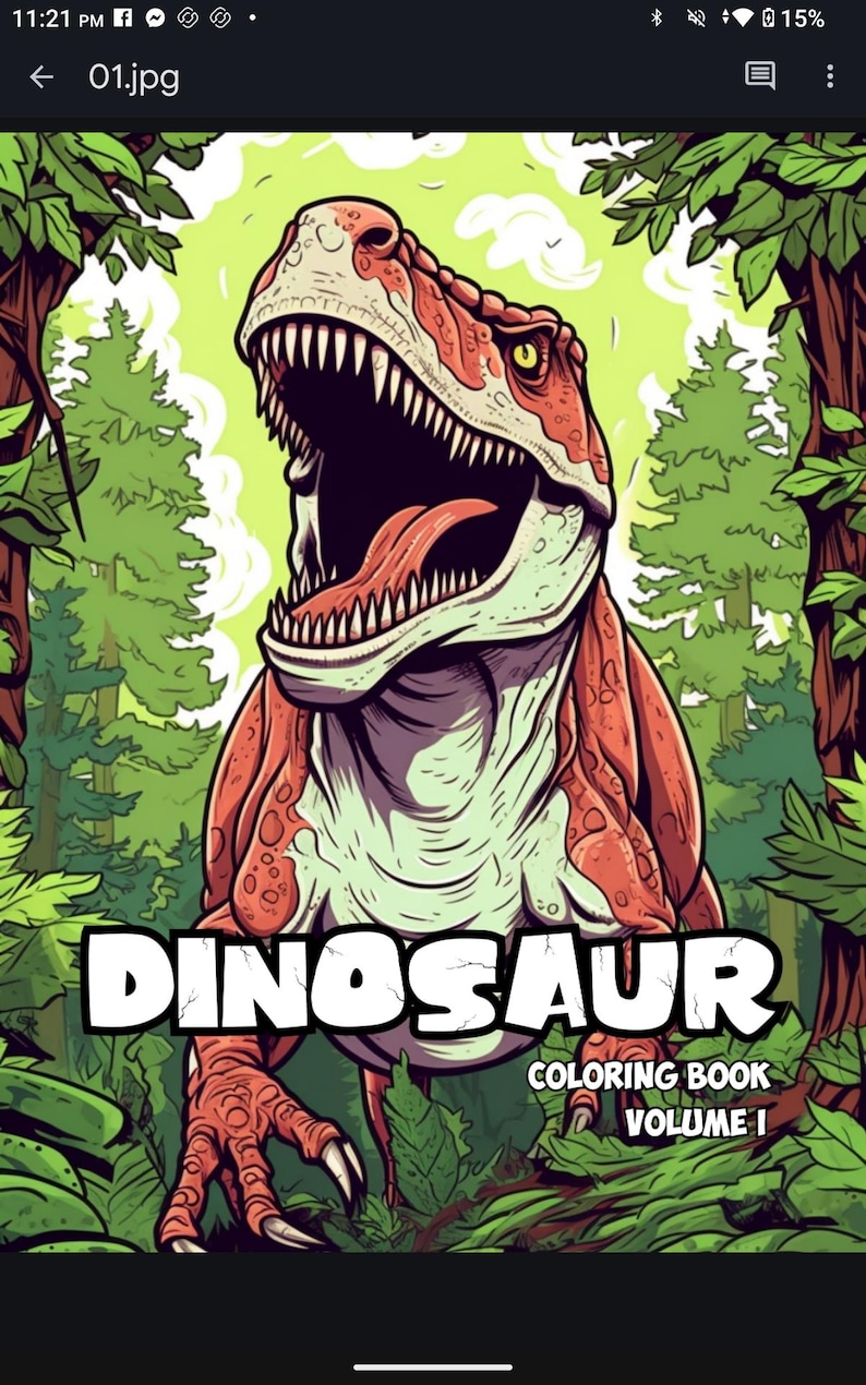 May include: A green, red, and white cartoon dinosaur with its mouth open, roaring. The dinosaur is surrounded by green trees and bushes. The text "DINOSAUR COLORING BOOK VOLUME 1" is at the bottom of the image.