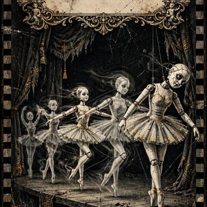 May include: A digital illustration of five articulated ball-jointed dolls dressed as ballerinas in white and gold tutus, performing on a dark wooden stage. The dolls are suspended by strings against a backdrop of heavy curtains and a decorative frame.