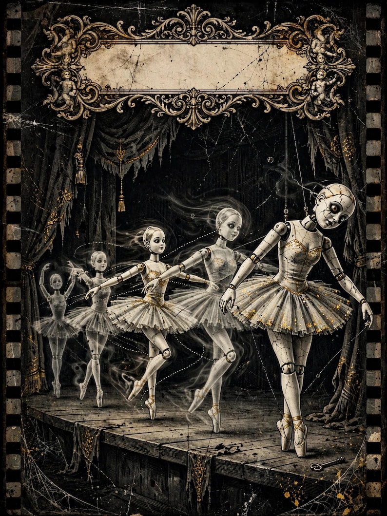 May include: A digital illustration of five articulated ball-jointed dolls dressed as ballerinas in white and gold tutus, performing on a dark wooden stage. The dolls are suspended by strings against a backdrop of heavy curtains and a decorative frame.