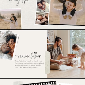 Puede incluir: Un collage de fotograf&iacute;as con un padre y un hijo, con el texto CELEBRATING THE GREATEST MAN In my life, MY DEAR father, y There's just so much to thank you for. You've supported me at my best and loved me at my worst.