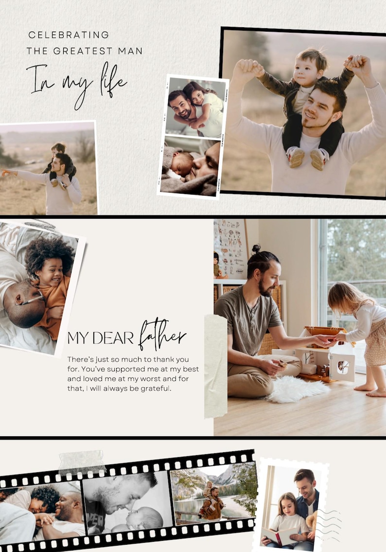 Puede incluir: Un collage de fotograf&iacute;as con un padre y un hijo, con el texto CELEBRATING THE GREATEST MAN In my life, MY DEAR father, y There's just so much to thank you for. You've supported me at my best and loved me at my worst.