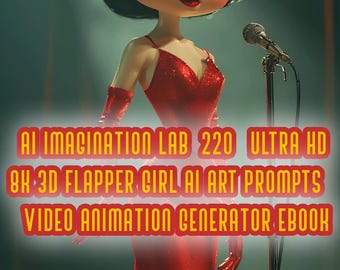 May include: A stylized illustration of a flapper girl in a red dress, holding a microphone. The image includes text that reads "AI IMAGINATION LAB 220 ULTRA HD 8K 3D FLAPPER GIRL AI ART PROMPTS VIDEO ANIMATION GENERATOR EBOOK."