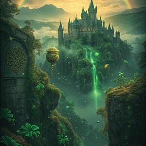 Puede incluir: Ilustraci&oacute;n digital de un paisaje de fantas&iacute;a con un castillo en una monta&ntilde;a, un arco&iacute;ris y una cascada. El castillo es gris y la cascada brilla en verde. Un pote de oro cuelga en el aire. La escena es exuberante con follaje verde.