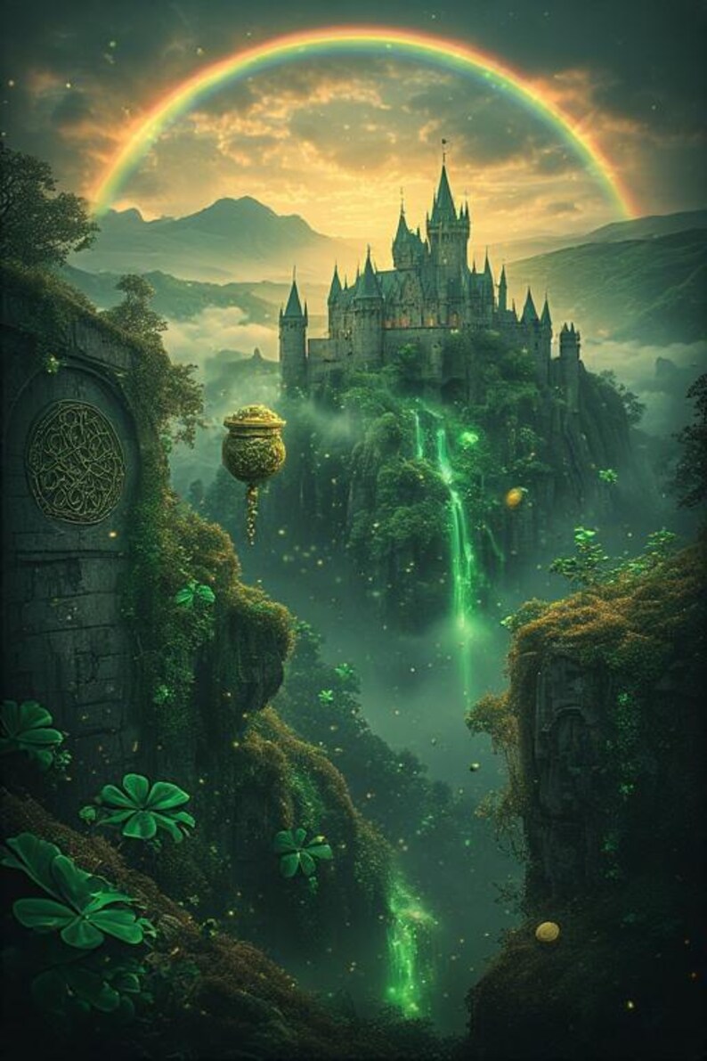 Puede incluir: Ilustraci&oacute;n digital de un paisaje de fantas&iacute;a con un castillo en una monta&ntilde;a, un arco&iacute;ris y una cascada. El castillo es gris y la cascada brilla en verde. Un pote de oro cuelga en el aire. La escena es exuberante con follaje verde.