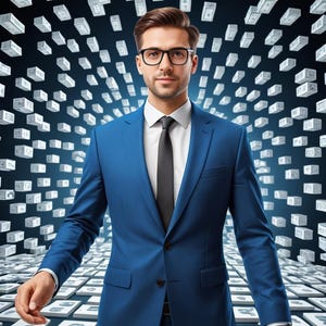 May include: A man in a blue suit and a black tie stands in front of a background of falling dollar bills. He is wearing glasses and has a serious expression on his face.