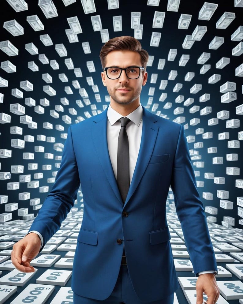May include: A man in a blue suit and a black tie stands in front of a background of falling dollar bills. He is wearing glasses and has a serious expression on his face.