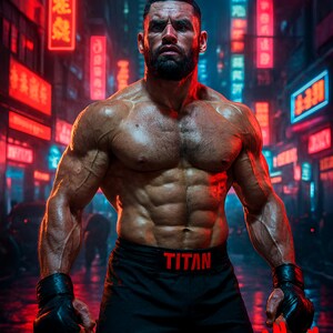 Może przedstawiać: Umięśniony mężczyzna w czarnych rękawicach bokserskich i szortach z czerwonymi napisami "TITAN" i "VEGA" stoi na neonowej ulicy. Obraz ma filmowy charakter, podkreślający sylwetkę mężczyzny.