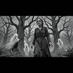 May include: A black and white illustration of a person with long braided hair wearing a dark, tattered, long-sleeved dress with a lace-up bodice and belt, standing in a forest with several translucent, glowing ghosts and a black cat.