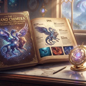 May include: An open hardback book titled The Grand Chimera: 3.2 Million Creatures Unveiled - Exclusive Creator's Bonus, featuring a winged chimera illustration. The pages display DNA diagrams, creature traits, and small colour images of beasts.