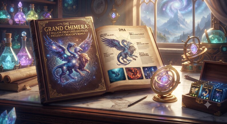 May include: An open hardback book titled The Grand Chimera: 3.2 Million Creatures Unveiled - Exclusive Creator's Bonus, featuring a winged chimera illustration. The pages display DNA diagrams, creature traits, and small colour images of beasts.