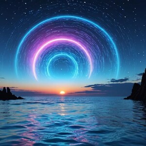 May include: A digital art image of a sunset over the ocean with two rocky islands in the foreground. A blue and pink neon circle with a star-like pattern is in the sky above the horizon.