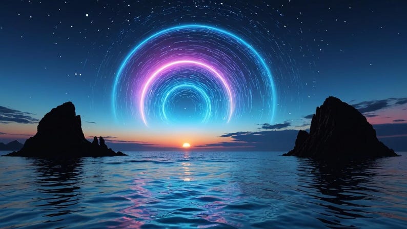 May include: A digital art image of a sunset over the ocean with two rocky islands in the foreground. A blue and pink neon circle with a star-like pattern is in the sky above the horizon.