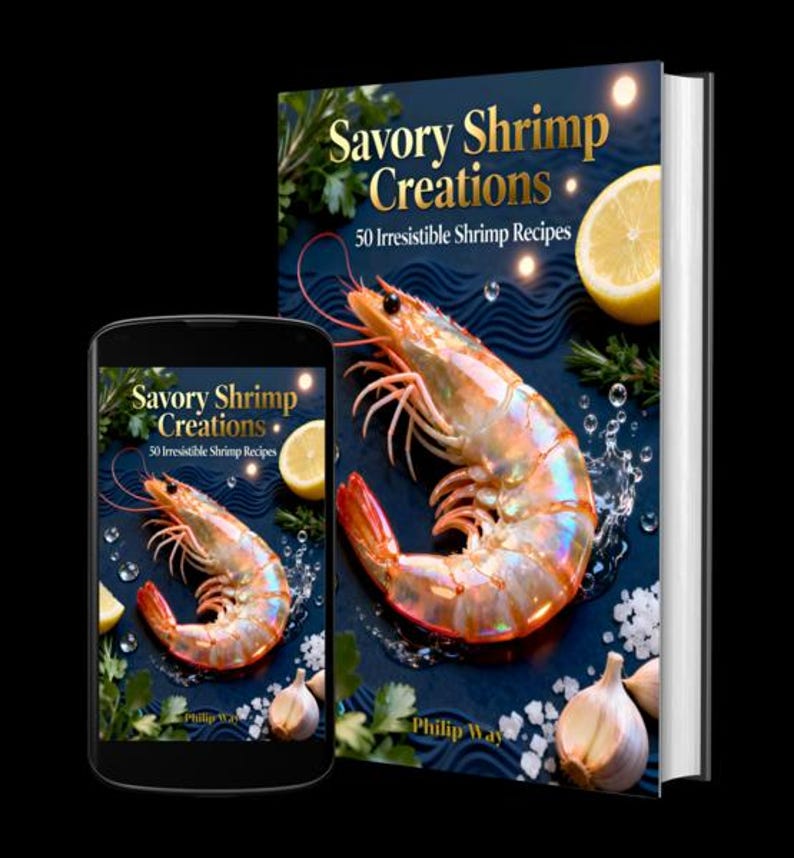 May include: A cookbook and a smartphone display the cover of "Savory Shrimp Creations: 50 Irresistible Shrimp Recipes." The cover features a large cooked shrimp, lemon slices, garlic, and herbs on a dark blue background.
