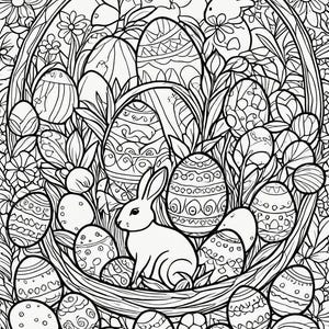 May include: A black and white line drawing of a bunny rabbit sitting in a basket filled with Easter eggs. The eggs are decorated with intricate patterns. The bunny is surrounded by flowers and leaves.