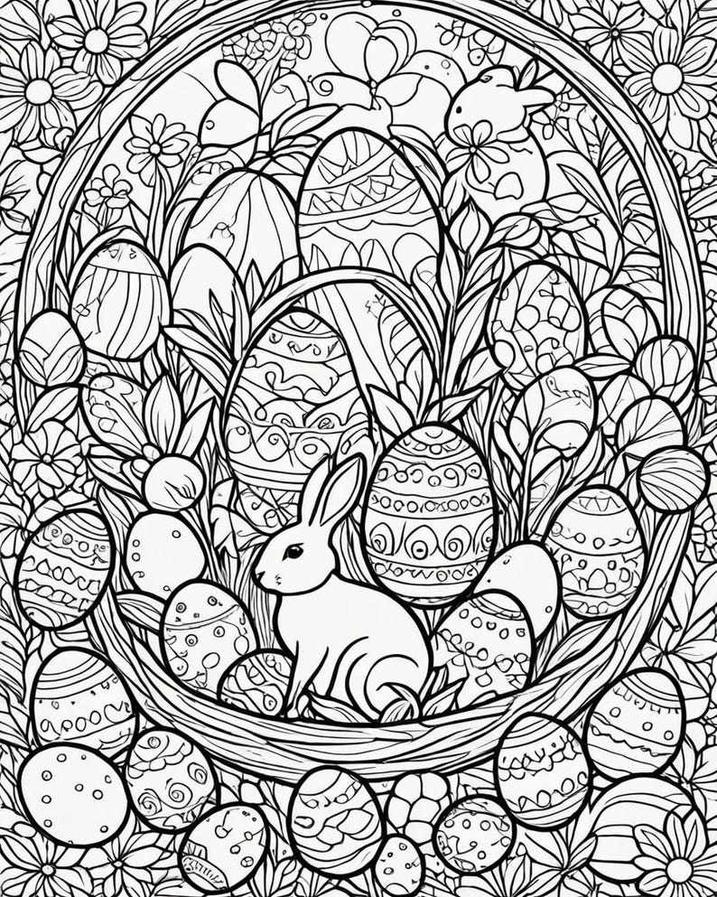 May include: A black and white line drawing of a bunny rabbit sitting in a basket filled with Easter eggs. The eggs are decorated with intricate patterns. The bunny is surrounded by flowers and leaves.