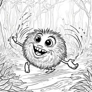 Op de afbeelding: Zwart-wit illustratie van een harig, cartoonachtig wezen met een grote glimlach, rennend door een bos. De afbeelding toont bomen en bladeren, wat een grillige sc&egrave;ne cre&euml;ert.