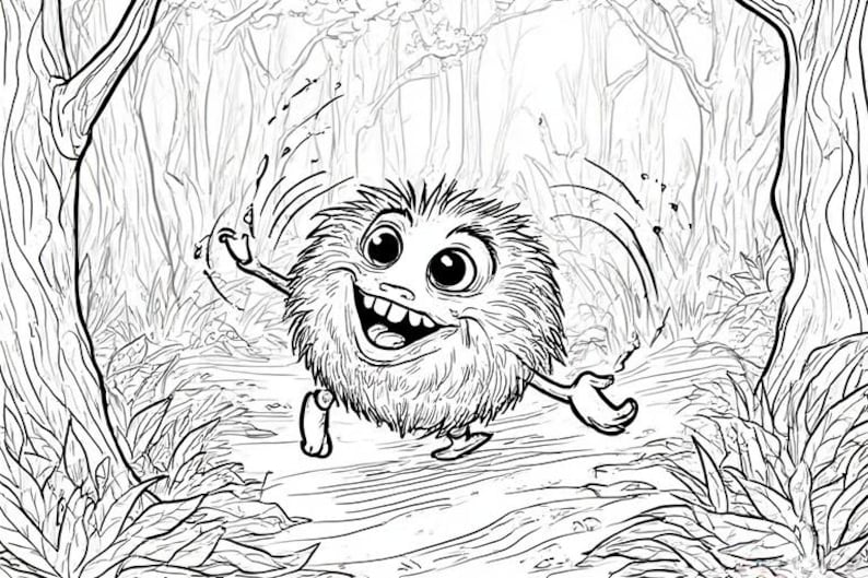 Op de afbeelding: Zwart-wit illustratie van een harig, cartoonachtig wezen met een grote glimlach, rennend door een bos. De afbeelding toont bomen en bladeren, wat een grillige sc&egrave;ne cre&euml;ert.