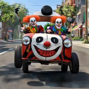 Op de afbeelding: Een rood en zwarte clownwagen met een lachend gezicht op de voorkant, bestuurd door twee clowns met oranje pruiken en wapens. De auto staat op een stadsstraat.