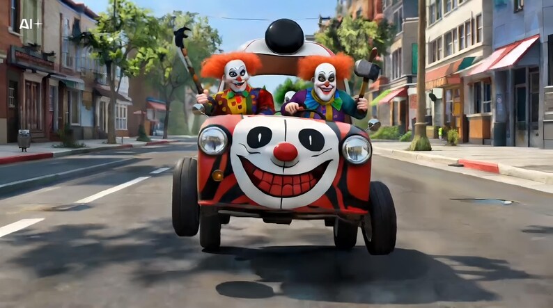 Op de afbeelding: Een rood en zwarte clownwagen met een lachend gezicht op de voorkant, bestuurd door twee clowns met oranje pruiken en wapens. De auto staat op een stadsstraat.