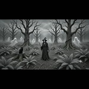 May include: A black and white illustration of a figure in a long dark robe and pointed hat standing in a forest with ferns and bare trees. A black cat sits on a tree stump nearby, while several translucent ghost figures float among the trees.
