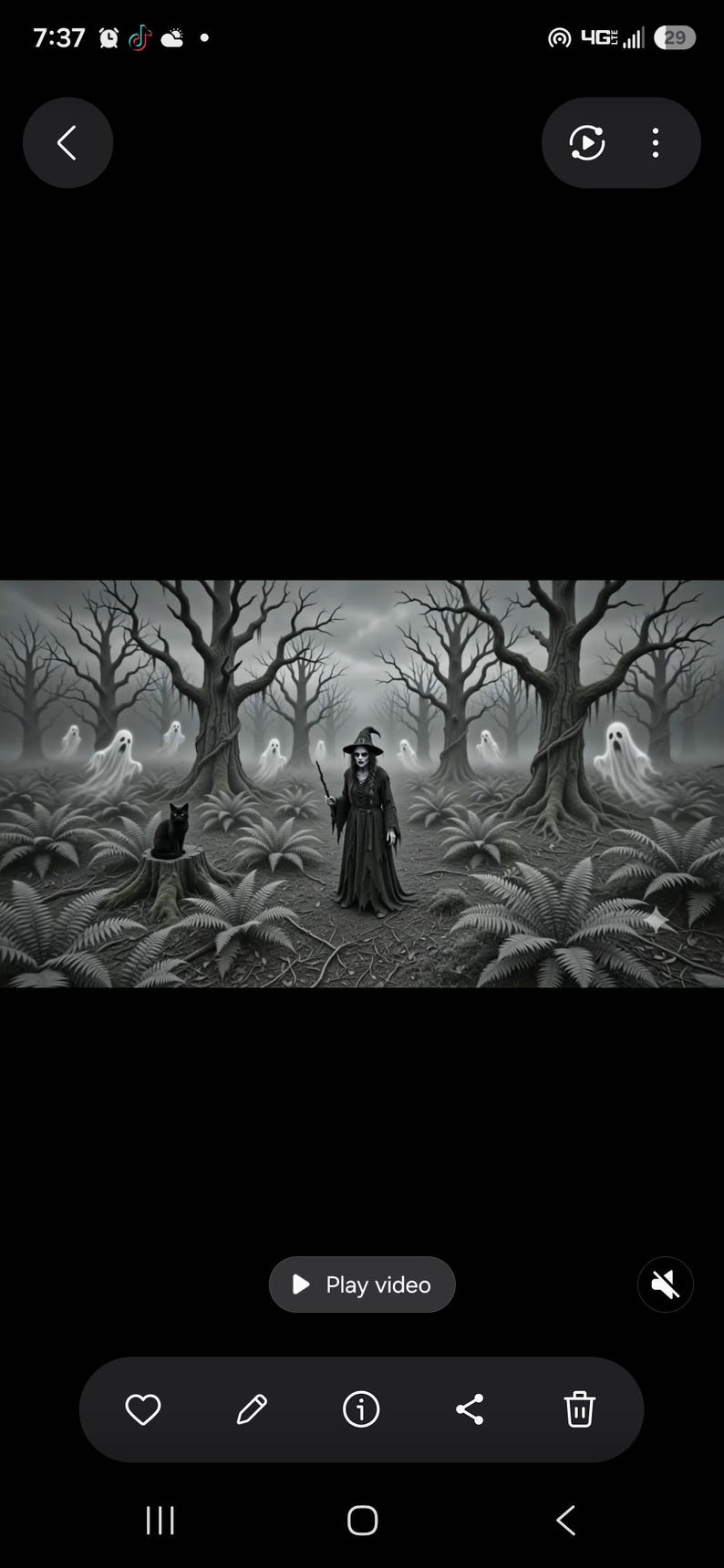 May include: A black and white illustration of a figure in a long dark robe and pointed hat standing in a forest with ferns and bare trees. A black cat sits on a tree stump nearby, while several translucent ghost figures float among the trees.